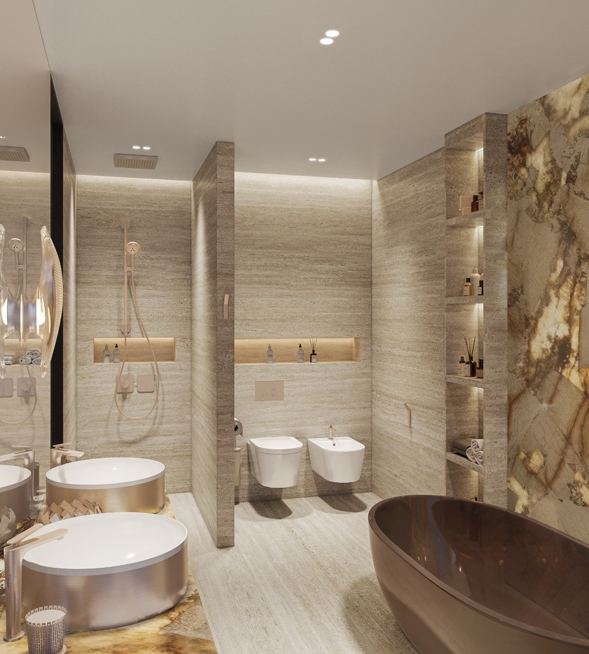 Honed travertine detail at the bath surround