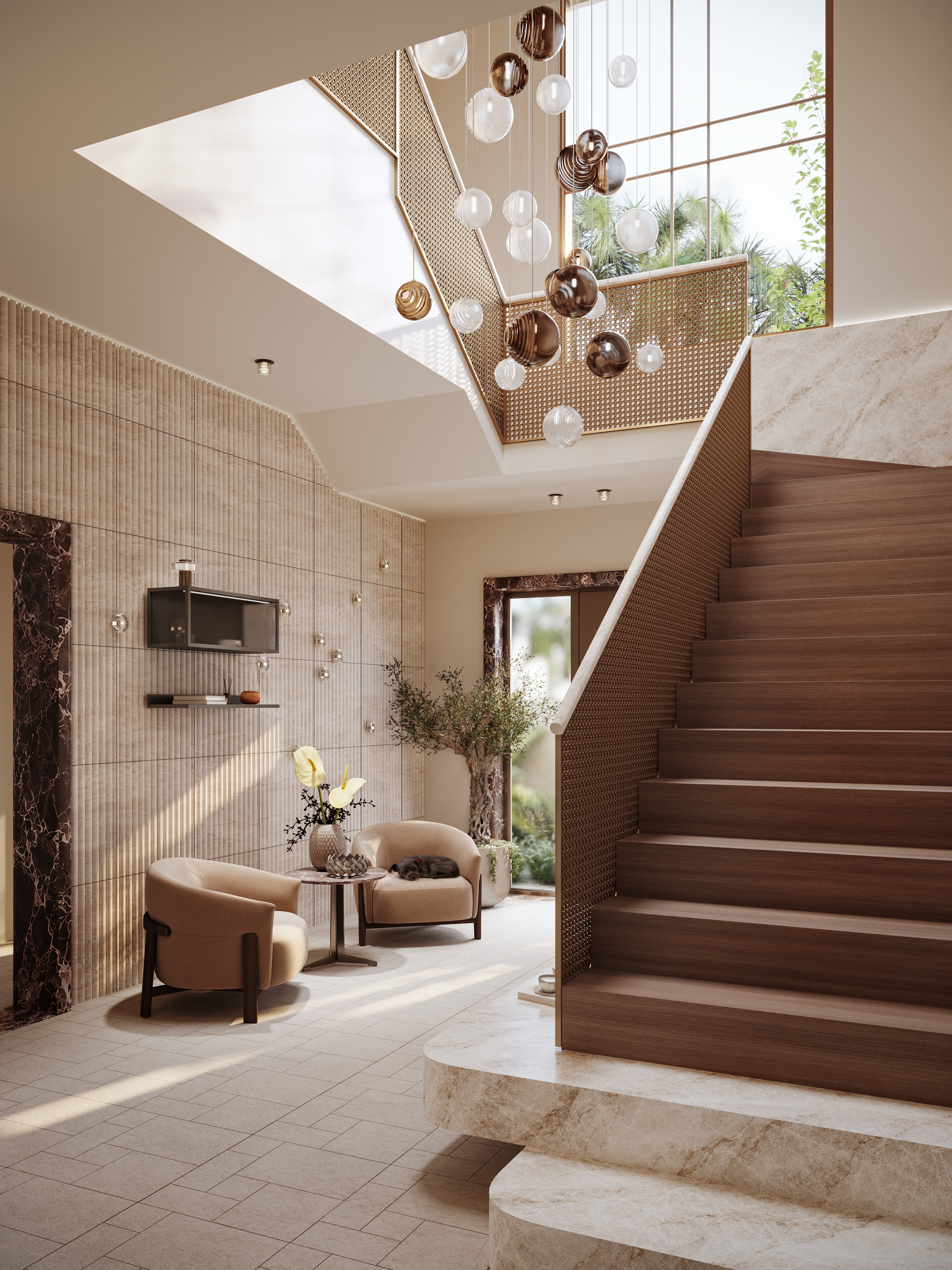 Flame Tree Ridge — entrance and stair hall with suspended glass and bronze lighting above a woven bronze balustrade