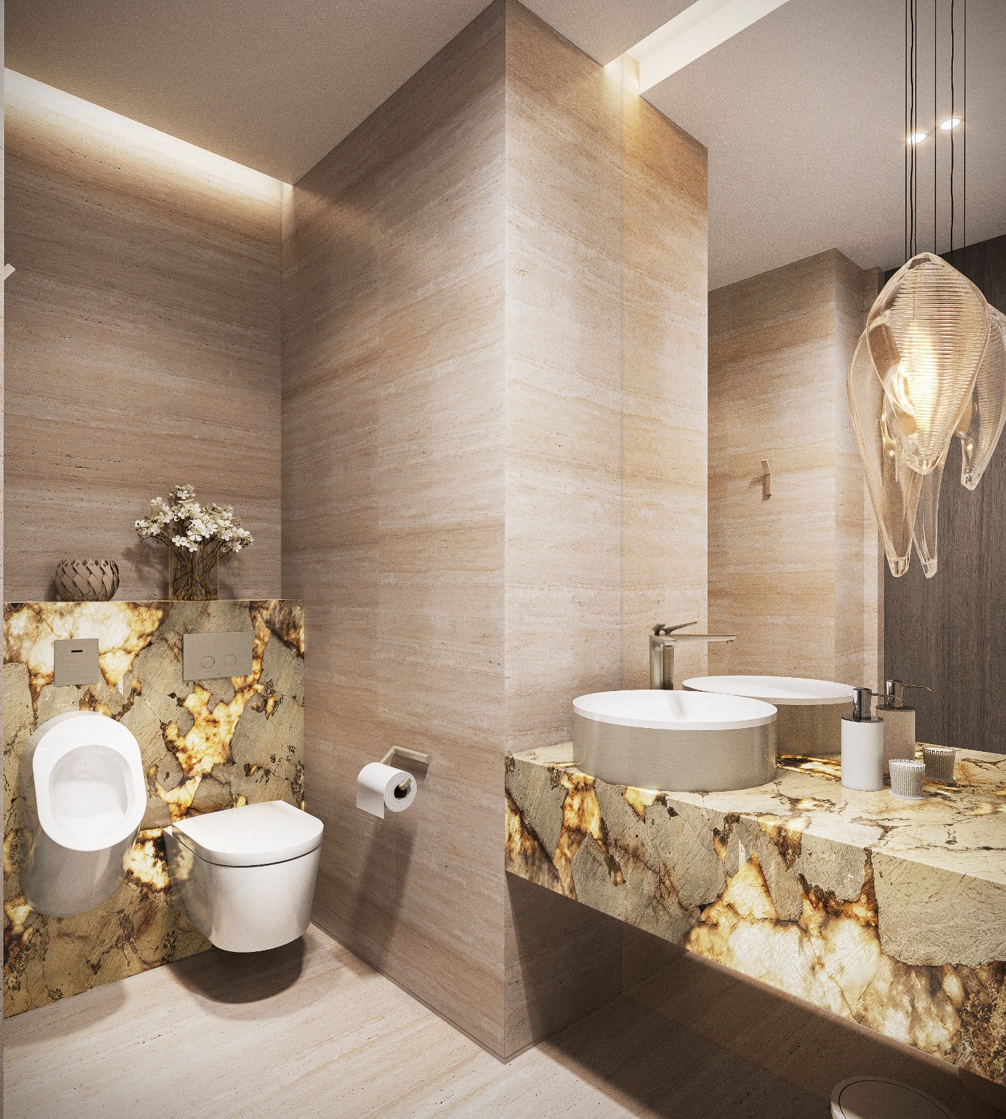 Powder room in travertine and quartzite