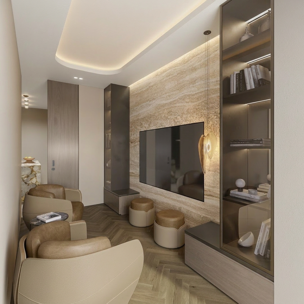 TV room with low seating and layered lighting