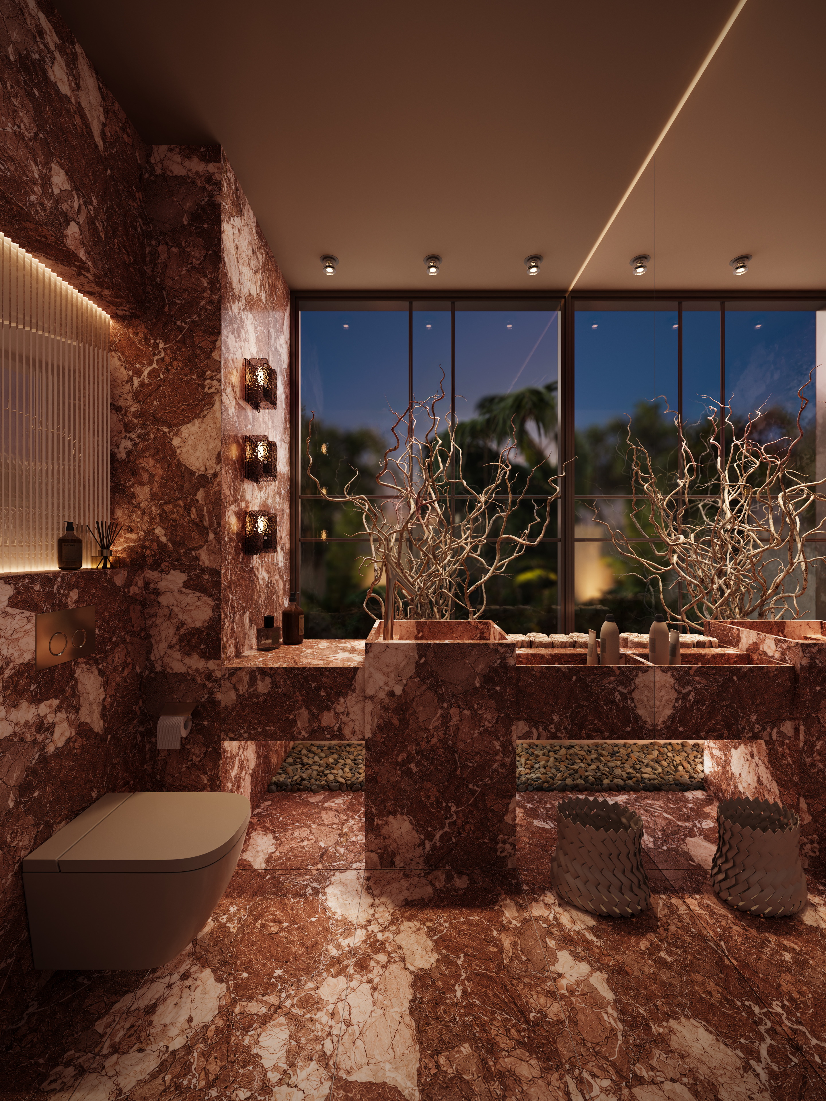 Flame Tree Ridge — powder room lined in deep red Breccia Pernice