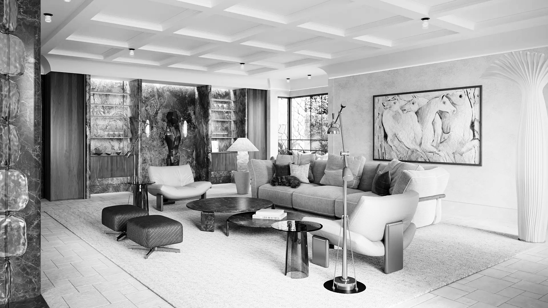 A calm contemporary living room with layered seating, deep timber and soft daylight, presented in black and white.