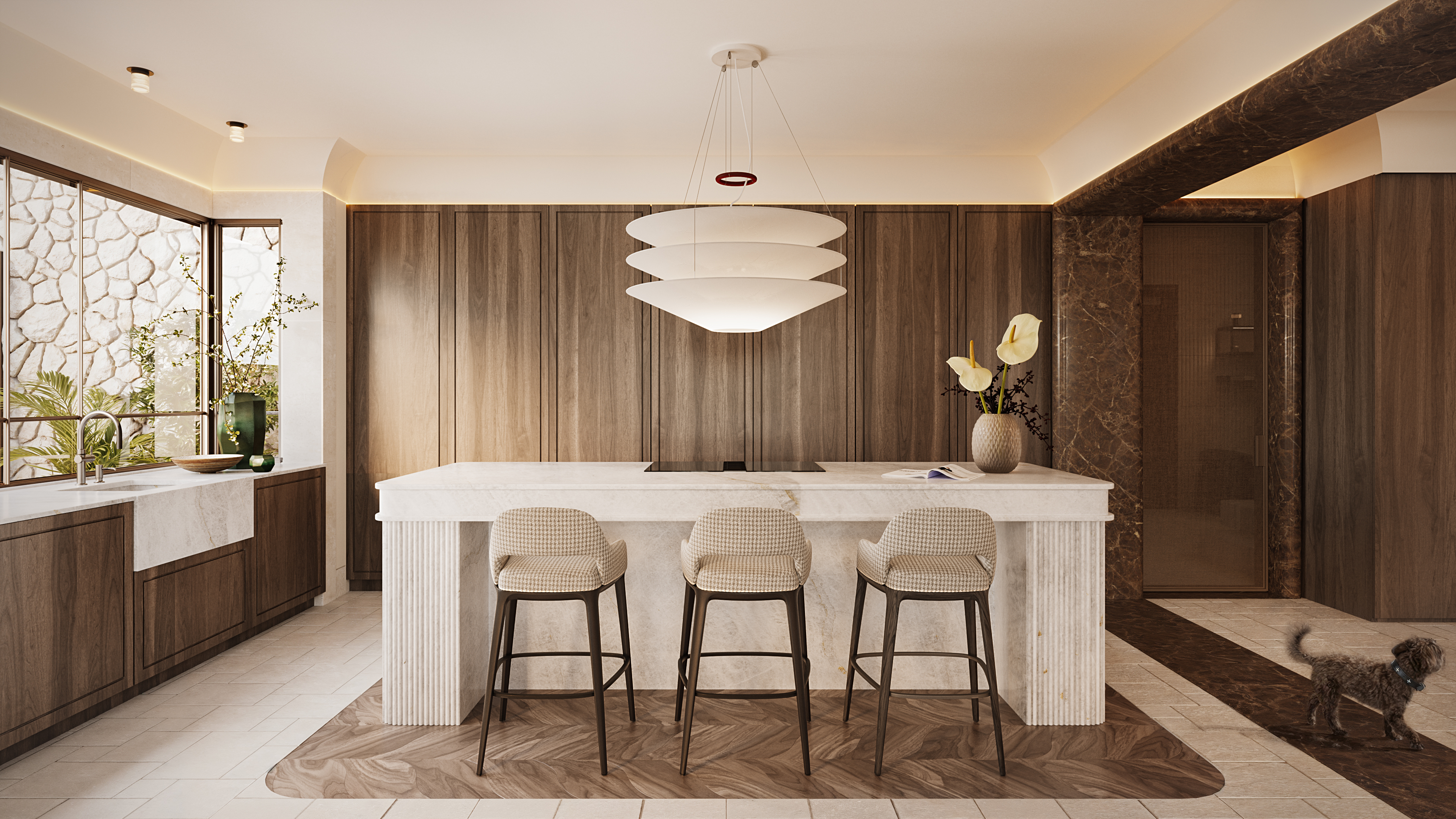 Flame Tree Ridge — kitchen in walnut cabinetry with a pale Taj Mahal stone island