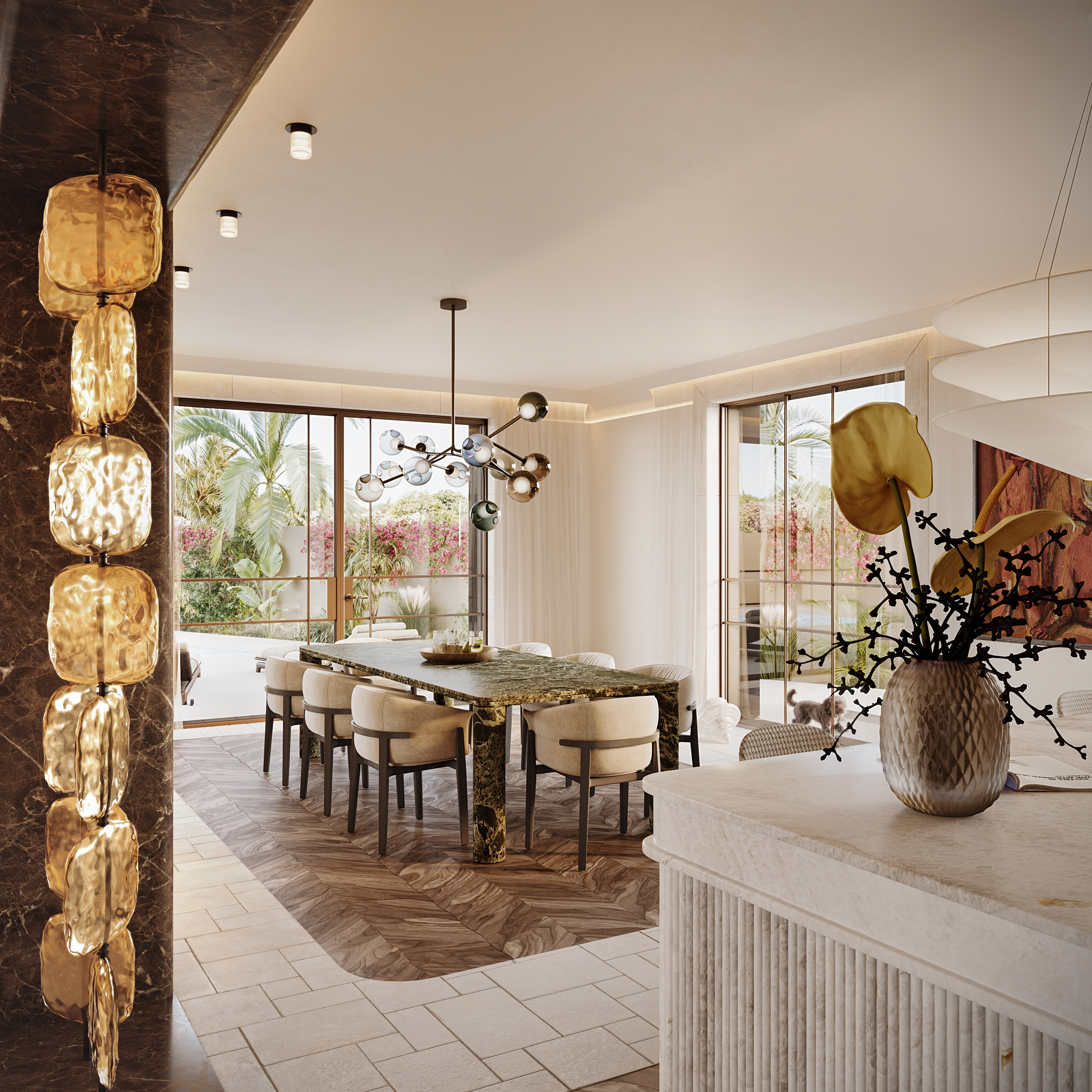 Flame Tree Ridge — dining room framed by dark marble with a vertical amber glass light