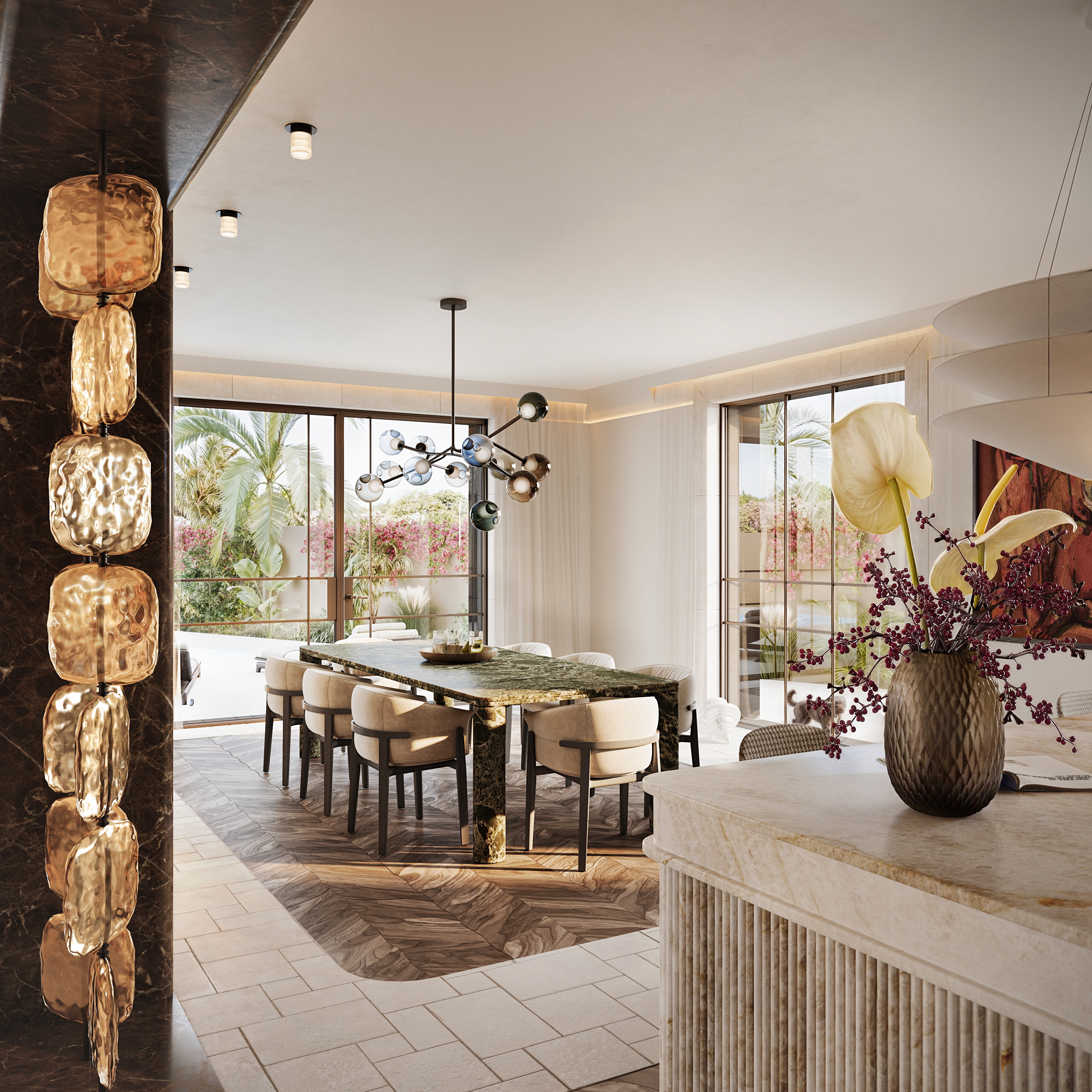 Flame Tree Ridge — dining room framed by dark marble with a vertical amber glass light
