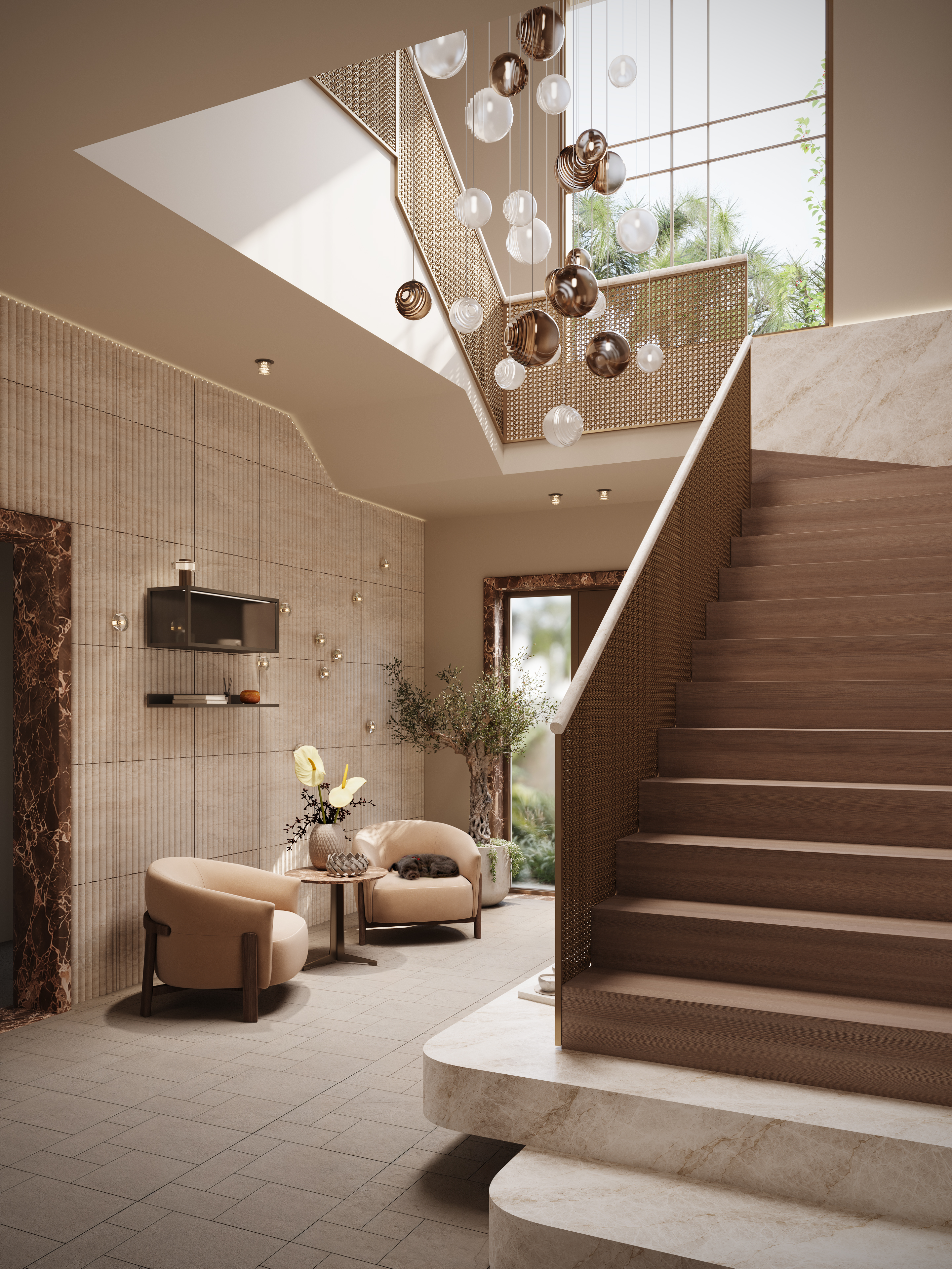 Flame Tree Ridge — entrance and stair hall with suspended glass and bronze lighting above a woven bronze balustrade