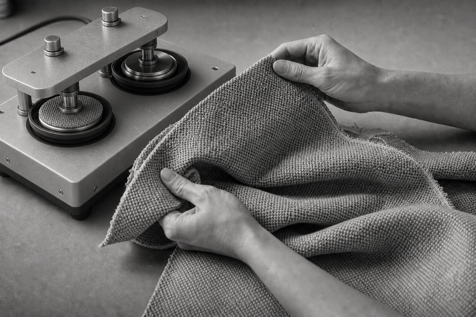 Hands assessing woven upholstery fabric beside a Martindale abrasion testing machine.