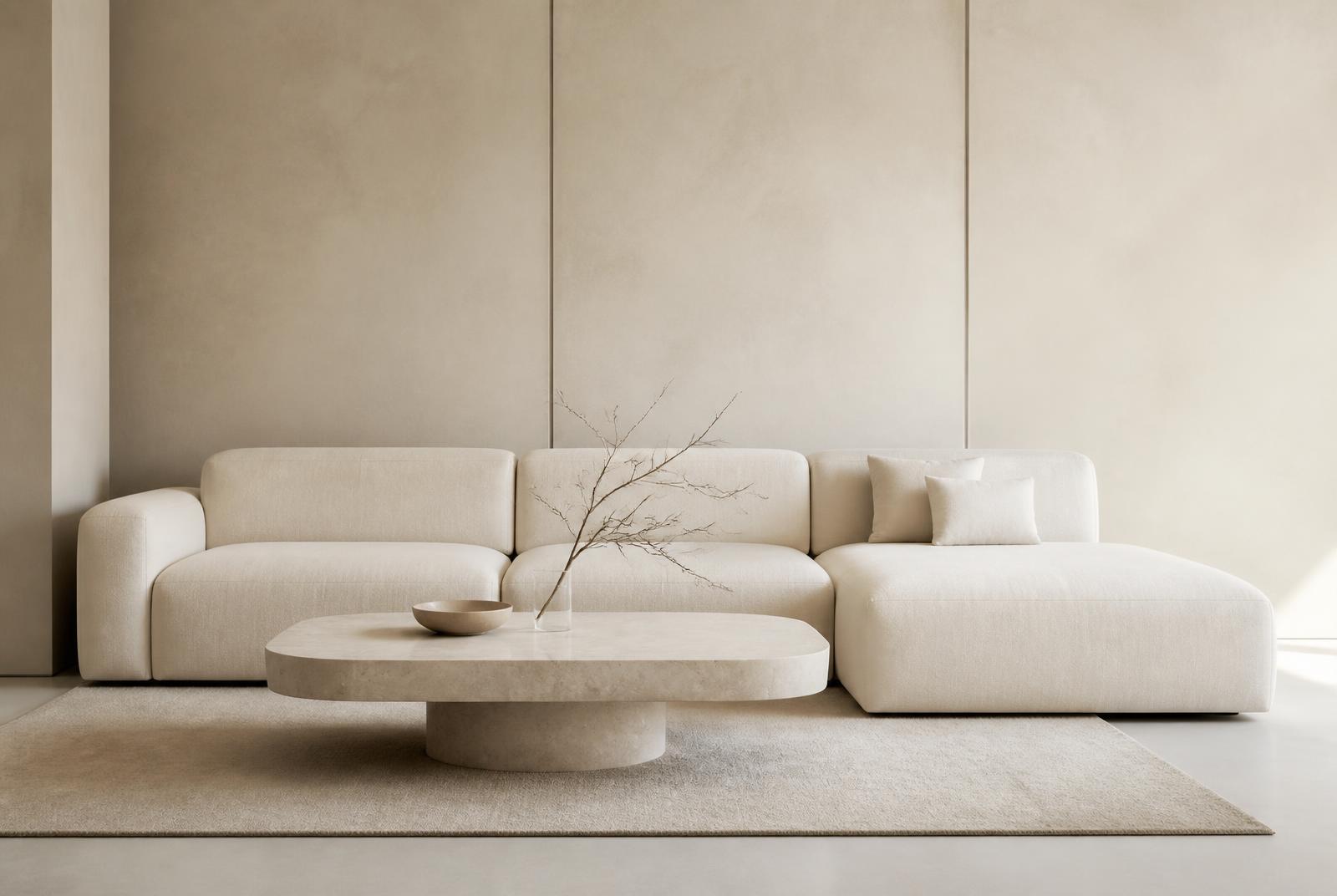 A pale contemporary living room with a low cream modular sofa, a monolithic pale stone coffee table, plaster walls, a beige rug and a single branch in a slim vase.